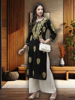 ADA - Women Black & Yellow Ethnic Motifs Embroidered Chikankari Thread Work Kurta