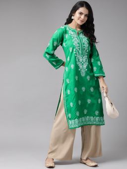 ADA - Hand Embroidered Lucknowi Chikankari Bottle Green Cotton Kurta