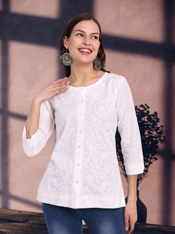 ADA - Hand Embroidered Lucknowi Chikankari White Cotton Shirt Style Top