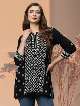 ADA - Hand Embroidered Lucknowi Chikankari Ethnic Motifs Black Cotton Kurti