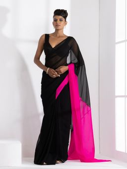 Swtantra - Black & Fuchsia Triangle Georgette Saree with Unstitched Blouse
