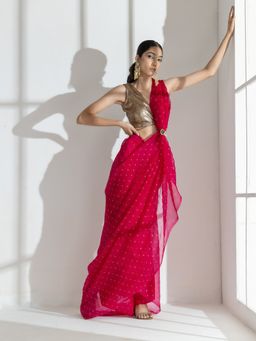 Swtantra - Raspberry Purple Net Saree with Gold Print and Bronze Latkan
