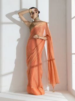 Swtantra - Saffron Peach Paisley Gold Design Chiffon Saree