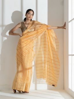 Swtantra - Sun Glow Yellow Organza Saree with Rosegold Stripes