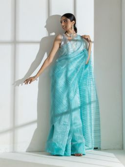 Swtantra - Tiffany Blue Organza Chiffon Saree with Self Stripes
