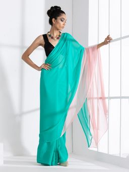 Swtantra - Ocean Breeze & Pink Pearl Triangle Georgette Saree with Unstitched Blouse