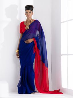 Swtantra - Electric Navy & Red Triangle Georgette Saree with Unstitched Blouse