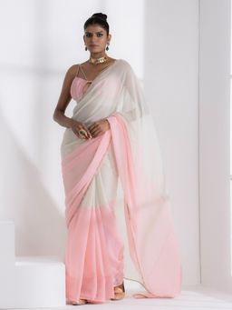 Swtantra - Candy Pink & Matcha Fusion Georgette Saree with Unstitched Blouse