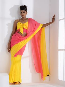 Swtantra - Dazzle Pink & Yellow Fusiontextured Chiffon Saree with Unstitched Blouse