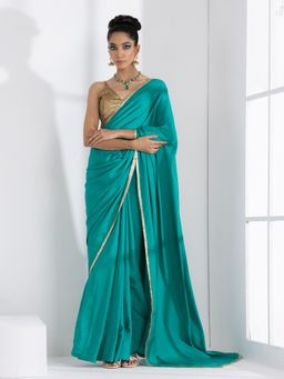 Swtantra - Turquoise Satin Saree with Lace