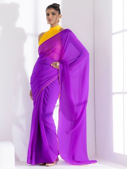 Swtantra - Purple Georgette Saree & Unstitched Blouse with Yellow Piping