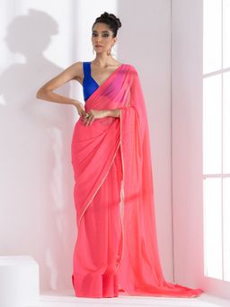 Swtantra - Deep Pink Textured Chiffon Saree & Unstitched Blouse with Lace