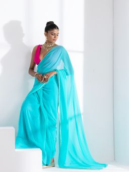 Swtantra - Aqua Blue Textured Chiffon Saree & Unstitched Blouse with Lace