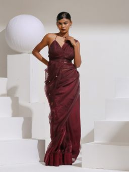 Swtantra - Suzi Chocolate Organze Shine Saree & Unstitched Blouse with Bronze Beads