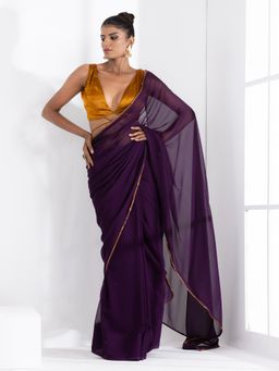 Swtantra - Grape Violet Georgette Saree & Unstitched Blouse with Bronze Lace