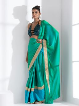 Swtantra - Green & Blue Dual Shade Paradise Satin Saree & Unstitched Blouse with Lace