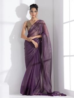 Swtantra - Purple Passion Shimmer Chiffon Saree & Unstitched Blouse with Bronze Pendants