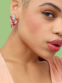 Sohi - Women Gold Plated Maroon White Triangular Studs Earrings