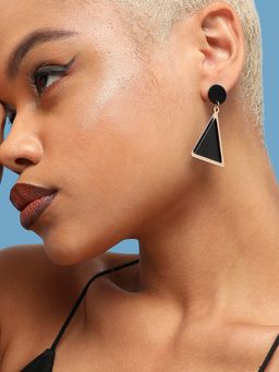 Sohi - Women Gold Plated Black Gold-Toned Triangular Drop Earrings