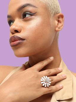 Sohi - Gold-Plated Cream Coloured White Stone Studded Adjustable Finger Ring