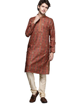 Manyavar - Rust Blended Viscose All Over Self Design Kurta Pyjama Set (Set of 2)