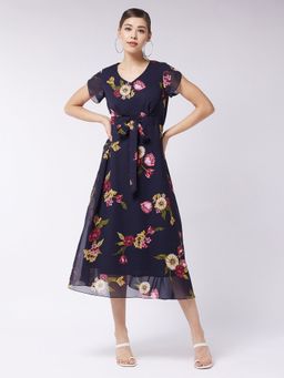 Miss Chase - Women's Navy V Neck Floral Printed Pleated Dress with Belt (Set of 2)