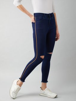 Miss Chase - Womens Navy Blue Skinny Fit High Rise Cropped Denim Stretchable Jeans