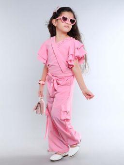 Mini Stitch - Pink Cotton Wrap Style Solid Embroidered Top with Pant