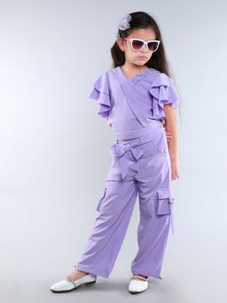 Mini Stitch - Purple Cotton Wrap Style Solid Embroidered Top with Pant