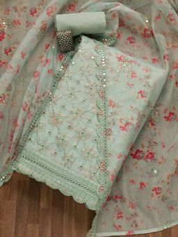 Koskii - Sea Green Sequins Tissue Unstitched Kurta with Bottom & Dupatta (Set of 3) (Set of Three)