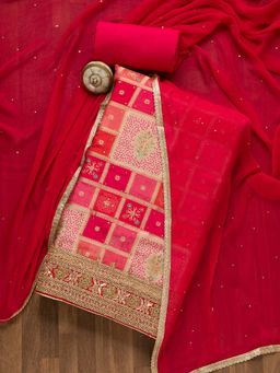 Koskii - Pink Zariwork Art Silk Unstitched Kurta with Bottom & Dupatta (Set of 3) (Set of Three)