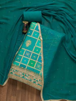 Koskii - Sky Blue Zariwork Art Silk Unstitched Kurta with Bottom & Dupatta (Set of 3) (Set of Three)