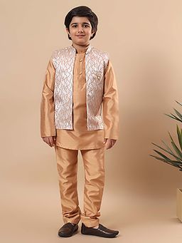 BT DEZINES - Boys Golden Cotton Silk Kurta & Pyjama with Jacket