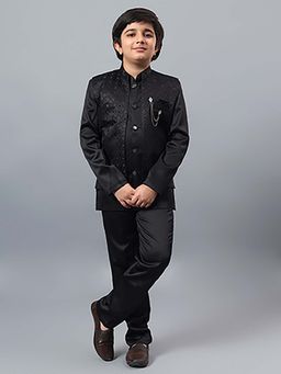 BT DEZINES - Boys Black Satin Indo Western Sherwani & Trouser with Waistcoat