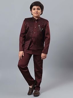 BT DEZINES - Boys Maroon Satin Indo Western Sherwani & Trouser with Waistcoat