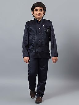 BT DEZINES - Boys Navy Blue Satin Indo Western Sherwani & Trouser with Waistcoat