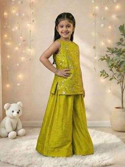 JILMIL - Girls Green Embroidered Art Silk Ethnic Top & Palazzo