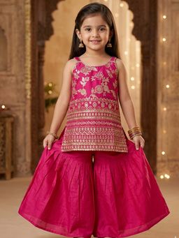 JILMIL - Girls Pink Pure Silk Embroidered Top & Palazzo