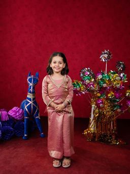 JILMIL - Girls Pink Embroidered Silk Top & Palazzo