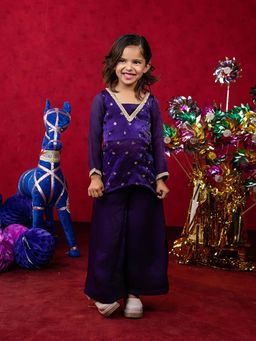 JILMIL - Girls Purple Embroidered Silk Top & Palazzo