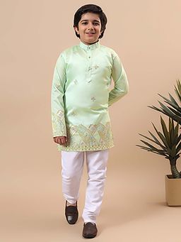 BT DEZINES - Boys Pista Green Cotton Silk Embroidered Border Kurta & Pyjama
