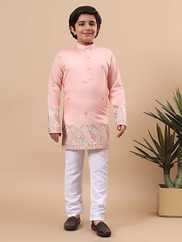 BT DEZINES - Boys Pink Cotton Silk Embroidered Border Kurta & Pyjama