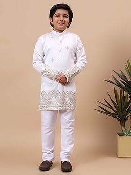 BT DEZINES - Boys White Cotton Silk Embroidered Border Kurta & Pyjama