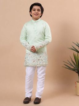 BT DEZINES - Boys Pista Green Cotton Silk Embroidered Border Kurta & Pyjama