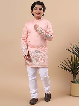 BT DEZINES - Boys Pink Cotton Silk Embroidered Border Kurta & Pyjama