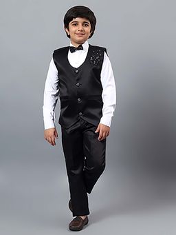 BT DEZINES - Boys Black Satin Floral Beads & Sequins 3 Piece Party Suit Set with Bowtie