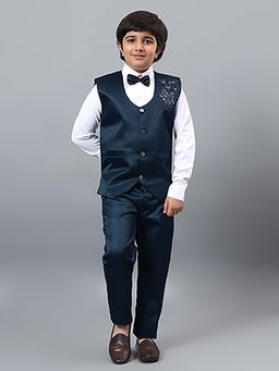 BT DEZINES - Boys Navy Blue Beads & Sequins 3 Piece Party Suit Set with Bowtie