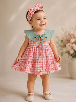 My Milestones - Orange Blossom Gingham Pink Dress with Bloomer & Headband