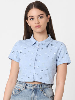 ONLY - Women Self Design Blue Shirt