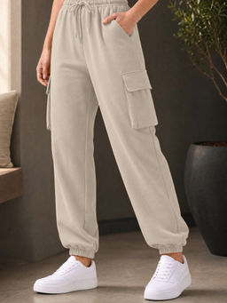 Nobero - Womens Solid Beige Oversized Cargo Joggers